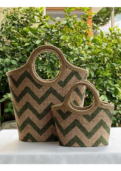 Anne & Kız Kombin Plaj Çantası Yeşil Zigzag