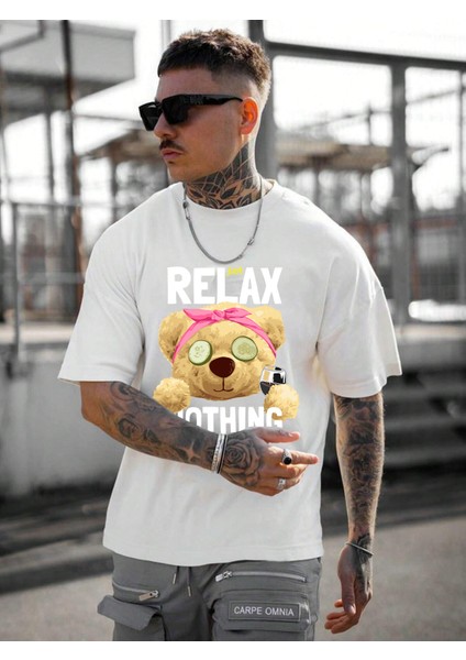 Erkek Baskılı Beyaz Bisiklet Yaka Oversize Teddy Salas T-Shirt