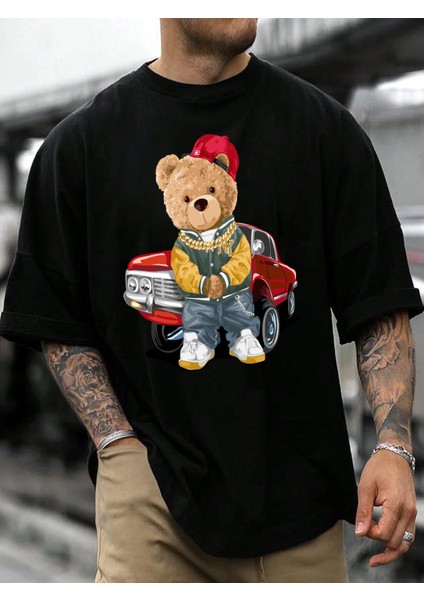 Unisex Pamuk Siyah Bisiklet Yaka Oversize Boyfriend T-Shirt Teddy