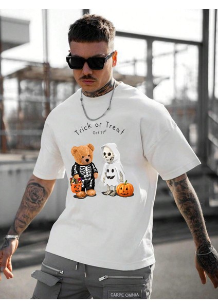 Erkek Baskılı Beyaz Bisiklet Yaka Oversize Teddy Salas T-Shirt