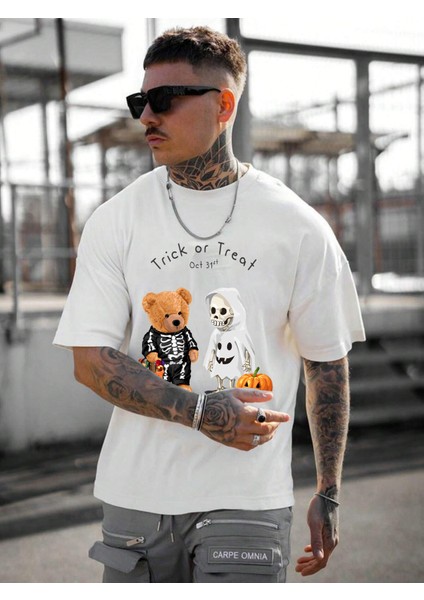 Erkek Baskılı Beyaz Bisiklet Yaka Oversize Teddy Salas T-Shirt