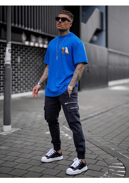 Teddy Family Baskılı Oversize Mavi Erkek T-Shirt modelleri