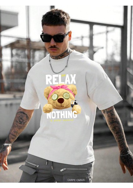 Erkek Baskılı Beyaz Bisiklet Yaka Oversize Teddy Salas T-Shirt