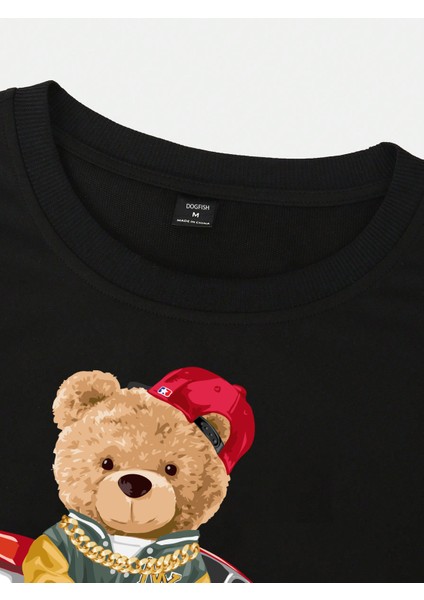 Unisex Pamuk Siyah Bisiklet Yaka Oversize Boyfriend T-Shirt Teddy