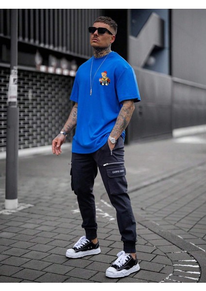 Teddy Family Baskılı Oversize Mavi Erkek T-Shirt modelleri
