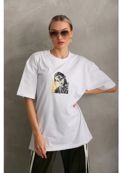 Unisex Baskılı Oversize T-Shirt - Beyaz