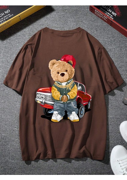 Erkek Kahverengi Teddy Baskılı Oversize Bisiklet Yaka Tshirt