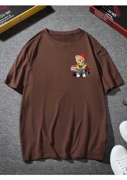 Erkek Kahverengi Teddy Baskılı Oversize Bisiklet Yaka Tshirt