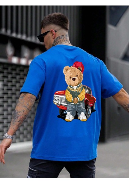 Teddy Family Baskılı Oversize Mavi Erkek T-Shirt