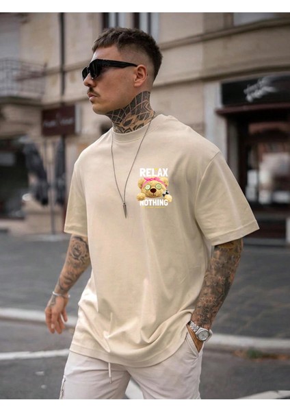 Baskılı Oversize Bej Erkek T-Shirt fırsatları