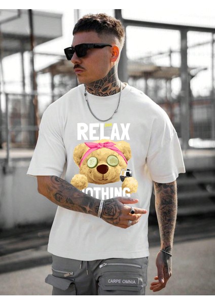 Erkek Baskılı Beyaz Bisiklet Yaka Oversize Teddy Salas T-Shirt fırsatları