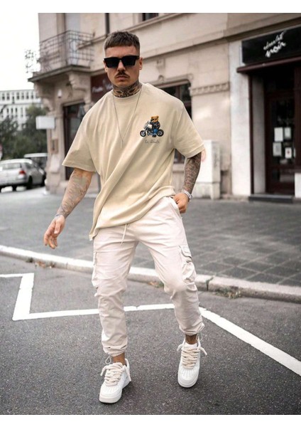 Baskılı Oversize Bej Erkek T-Shirt modelleri