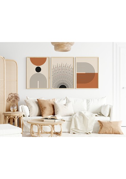Çerçeveli Minimalist 3'lütablo Seti - Soyut Kahverengi Tablo - Dekoratif Tablo Seti - BH2014