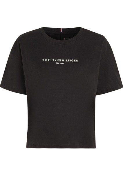 Tommy Hilfiger Bisiklet Yaka Baskılı Siyah Kadın T-Shirt Ess Mını Corp Relaxed Tee