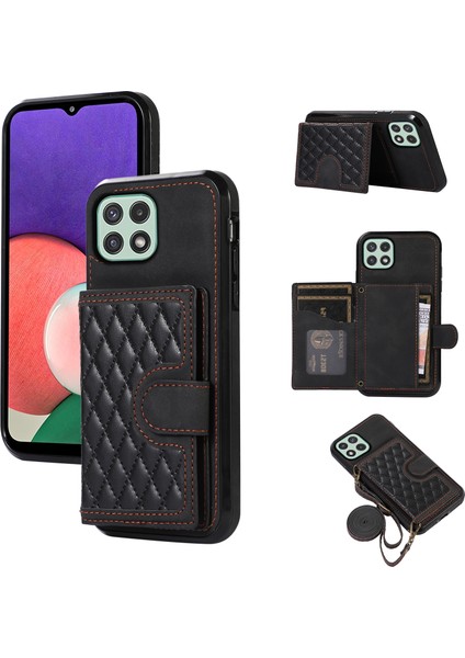 Samsung Galaxy A22 5g (Ab Versiyonu) Eşkenar Dörtgen Izgaralı Telefon Kılıfı Tpu+Pu Deri Kickstand Kabuk-Siyah (Yurt Dışından)