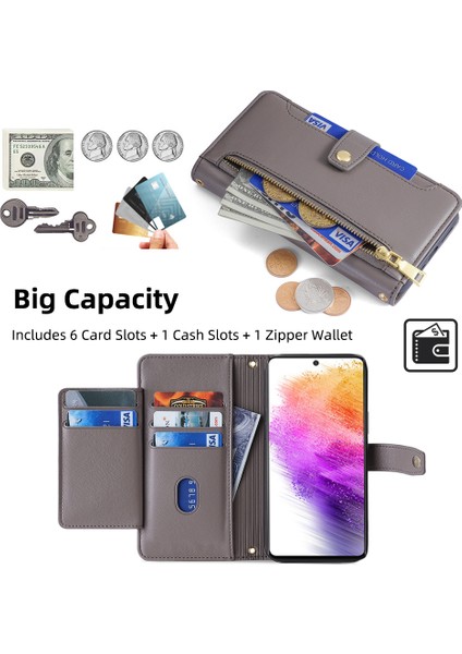 Samsung Galaxy A73 5g Manyetik Kılıf 6 Kart Tutucu Stand Telefon Kapağı-Gri (Yurt Dışından) modelleri