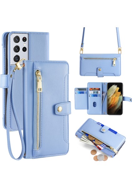 Samsung Galaxy S21 Ultra 5g Kılıf Fermuarlı Cep Kart Yuvaları Omuz Bilek Askılı Kapak-Mavi (Yurt Dışından)