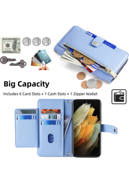 Samsung Galaxy S21 Ultra 5g Kılıf Fermuarlı Cep Kart Yuvaları Omuz Bilek Askılı Kapak-Mavi (Yurt Dışından) modelleri