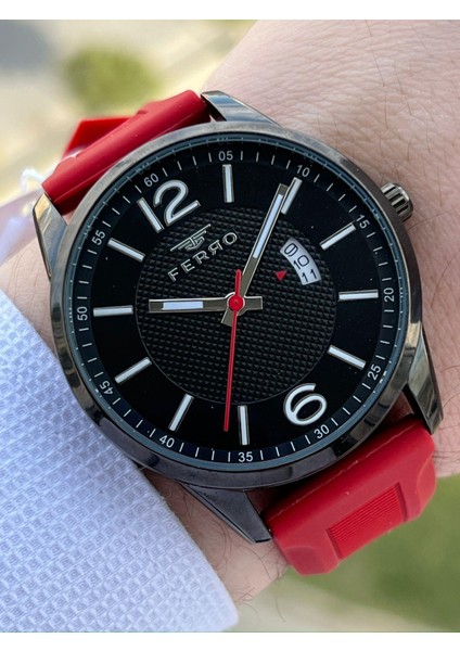 Takvimli Aktif Kırmızı Renk Slikon Kordon 30 mt Su Geçirmez Erkek Kol Saat EF11316-ZK