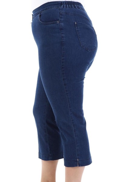 Büyük Beden Koton Denim Kumaş Yüksek Bel Bol Likralı Toparlayıcı Jean Kapri Pantolon