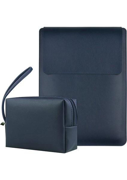 14 Inç Laptop Kılıfı Ayarlanabilir Standlı Pu Deri Çanta + Küçük Çanta-Lacivert (Yurt Dışından)