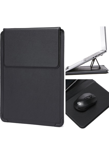 12-13.3 Inç Laptop Çantası Pu Deri Ultra Ince Katlanır Stand Dizüstü Taşıma Çantası-Siyah (Yurt Dışından)