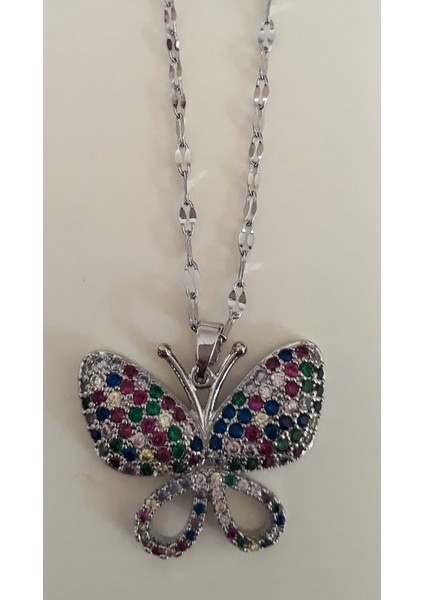 Gümüş Renk Üzerine Renkli Benekli Zirkon Taşlı Şıklığınızın Tamamlayıcı Çeik Kolye [ Kolye Uzunluğu Uzatma Hariç 38 Cm. Uzatma 5 Cm.]