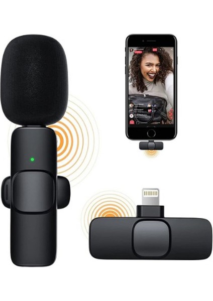 K8 Profesyonel Işıklı İPhone Kablosuz Taşınabilir Yaka Mikrofonu