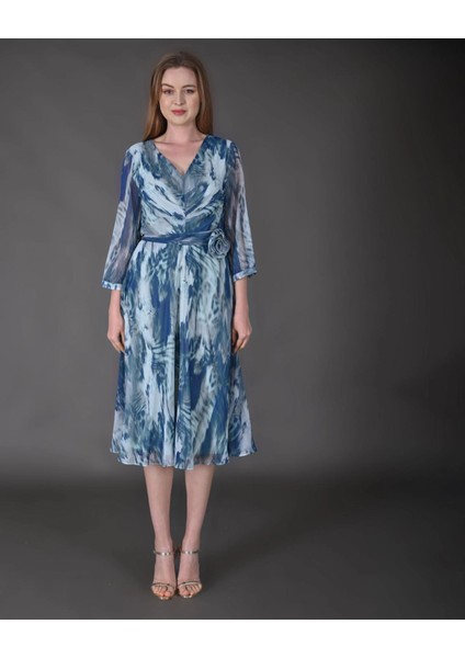 Kadın Midi Boy Şifon Desenli Truvakar Kol Yeni Sezon Elbise