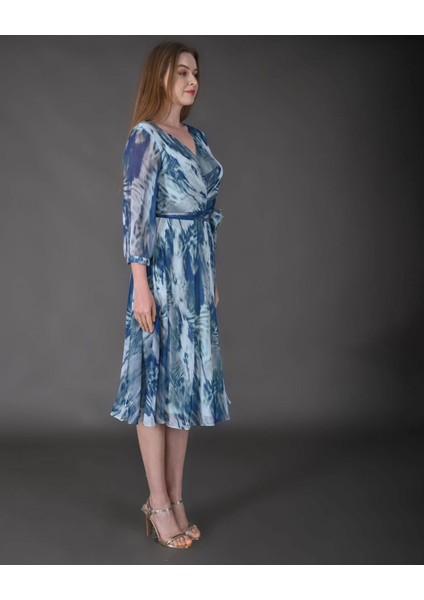 Kadın Midi Boy Şifon Desenli Truvakar Kol Yeni Sezon Elbise fiyatları