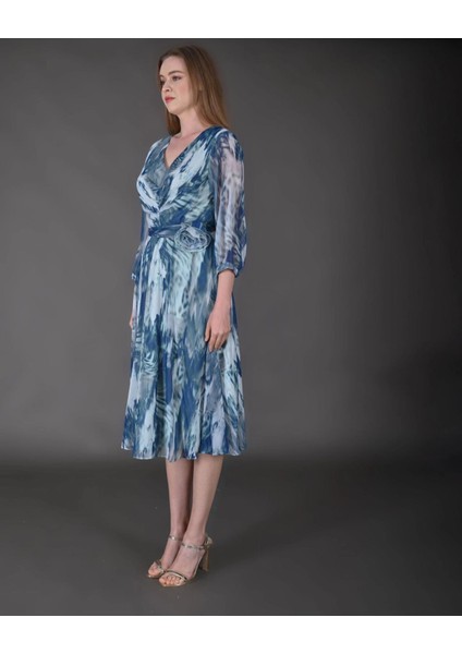 Kadın Midi Boy Şifon Desenli Truvakar Kol Yeni Sezon Elbise modelleri