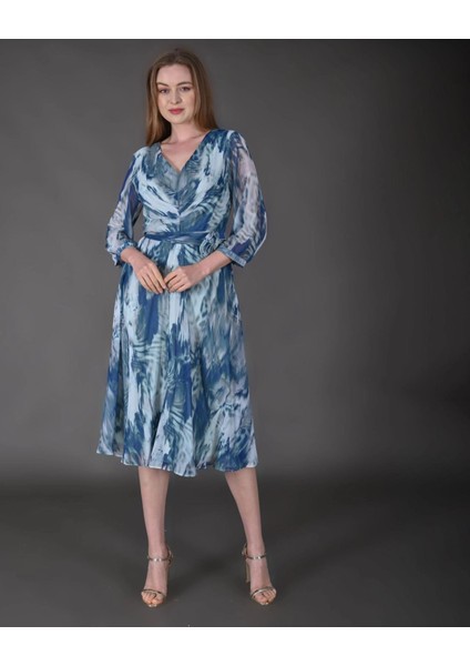 Kadın Midi Boy Şifon Desenli Truvakar Kol Yeni Sezon Elbise fırsatları