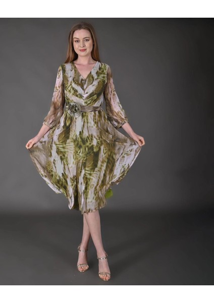 Kadın Midi Boy Şifon Desenli Truvakar Kol Yeni Sezon Elbise fiyatları