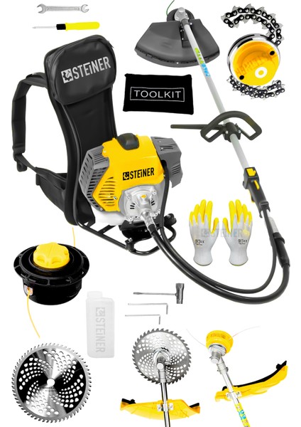 Alman 16 Hp Tam Profesyonel Sırt Tipi Benzinli Tırpan Ot Çalı Çim Biçme Makinesi + Canavar Başlık