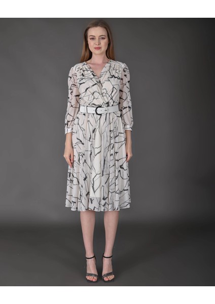 Kadın Midi Boy Desenli Truvakar Kol Kemer Detaylı Yeni Sezon Elbise