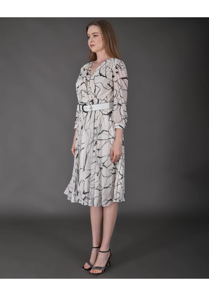 Kadın Midi Boy Desenli Truvakar Kol Kemer Detaylı Yeni Sezon Elbise fiyatları