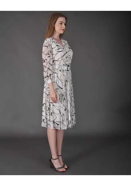 Kadın Midi Boy Desenli Truvakar Kol Kemer Detaylı Yeni Sezon Elbise modelleri