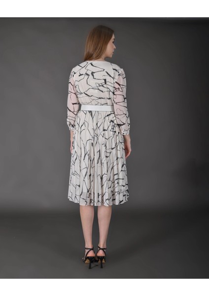 Kadın Midi Boy Desenli Truvakar Kol Kemer Detaylı Yeni Sezon Elbise fırsatları