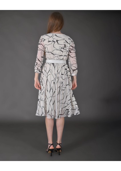 Kadın Midi Boy Desenli Truvakar Kol Kemer Detaylı Yeni Sezon Elbise indirimleri