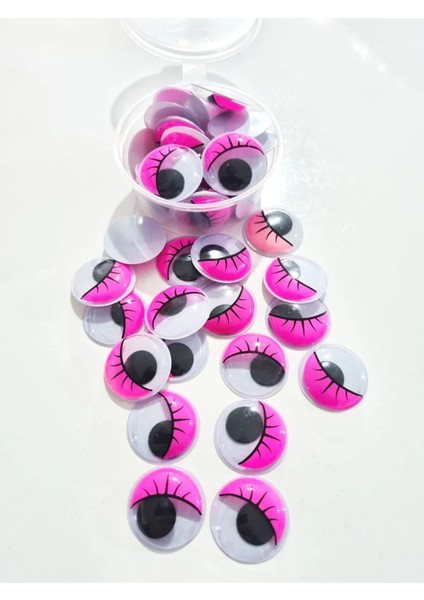 18 Adet Pembe Göz Kapaklı Kirpikli Oynar Göz 24MM