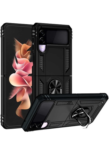 Samsung Galaxy Z Flip 3 Uyumlu Kılıf Soldier Korumalı Yüzüklü ve Mıknatıslı Tpu Gövde Kılıf