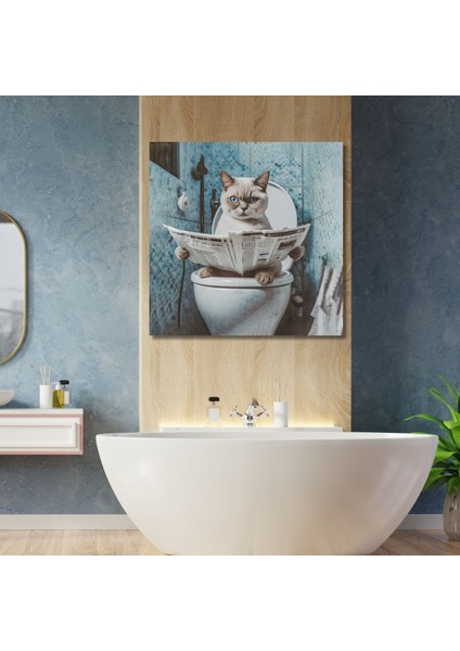 Tekli Kare Kanvas Banyo Tablosu Gazete Okuyan Beyaz British Shorthair