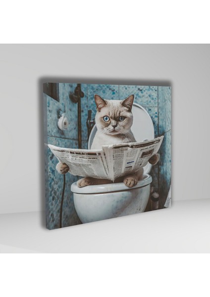 Tekli Kare Kanvas Banyo Tablosu Gazete Okuyan Beyaz British Shorthair fiyatları