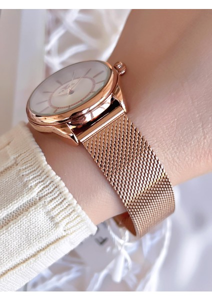 Hasır Kordonlu Rose Gold Kararmaz Renk Atmaz 3 Atm Özel Tasarım Kadın Kol Saat 21152CWT-C