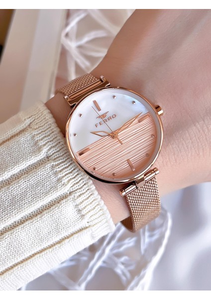 Rose Hasır Kordonlu Renk Atmaz 30 Metre Suya Dayanıklı Özel Tasarım Kadın Kolsaati 1224CWT-C