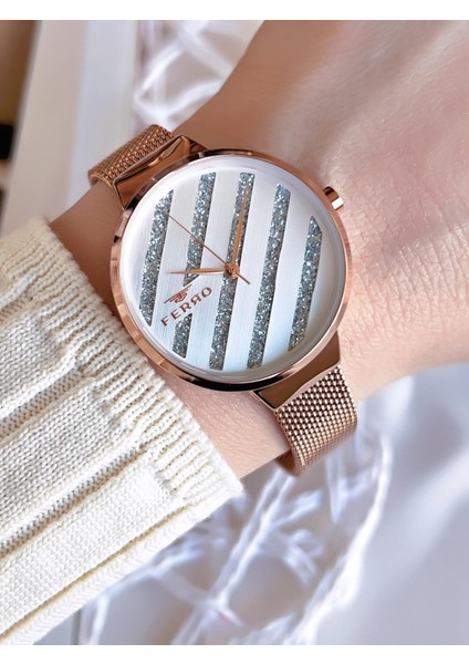 Hasır Kordonlu Rose Gold Kararmaz Renk Atmaz 3 Atm Özel Tasarım Kadın Kol Saat BF21153CWT-C
