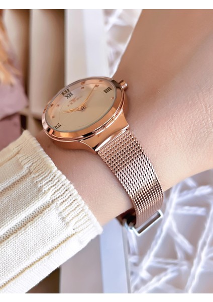 Hasır Kordonlu Rose Gold Kararmaz Renk Atmaz 3 Atm Özel Tasarım Kadın Kol Saat BF21040CWT