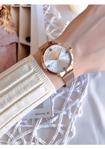 Hasır Kordonlu Rose Gold Kararmaz Renk Atmaz 3 Atm Özel Tasarım Kadın Kol Saat BF21040CWT