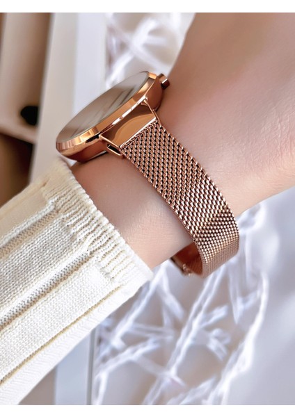 Hasır Kordonlu Rose Gold Kararmaz Renk Atmaz 3 Atm Özel Tasarım Kadın Kol Saat BF21153CWT-C