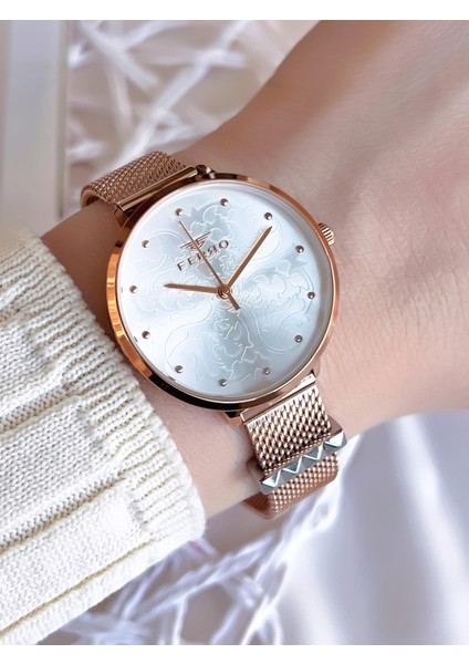 Hasır Kordonlu Rose Gold Kararmaz Renk Atmaz 3 Atm Özel Tasarım Kadın Kol Saati BF21087CWT-C
